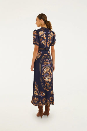 Farm Rio Lara Lace Puff Sleeve Maxi Dress in Navy Blue