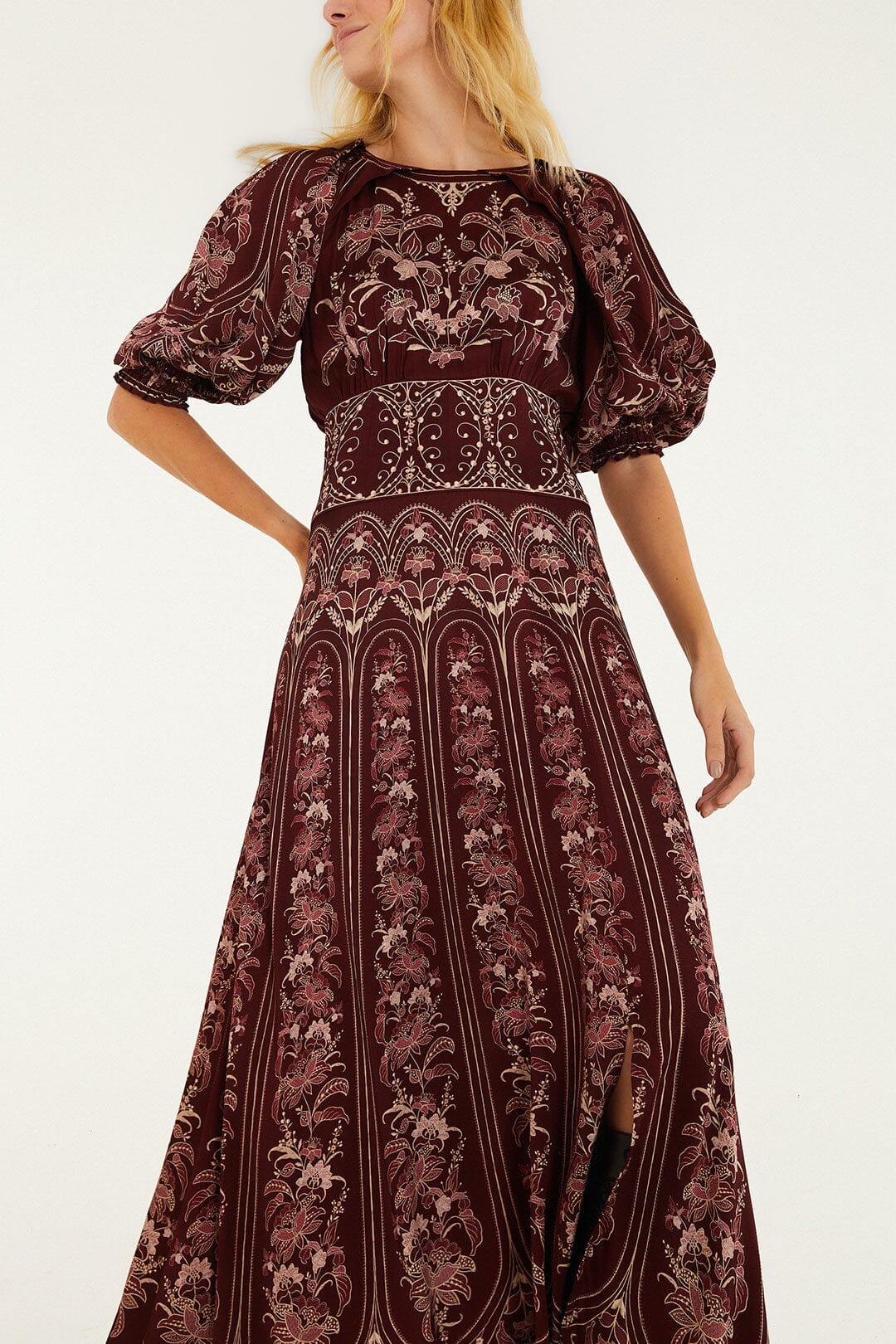 Farm Rio Liz Puff Sleeve Maxi Dress in Burgundy