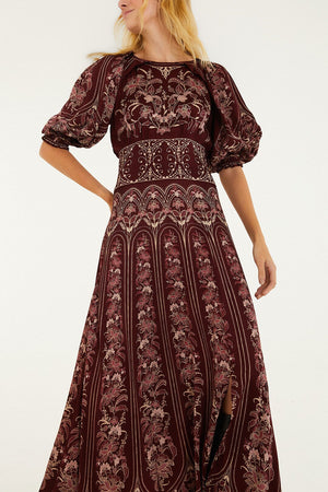 Farm Rio Liz Puff Sleeve Maxi Dress in Burgundy
