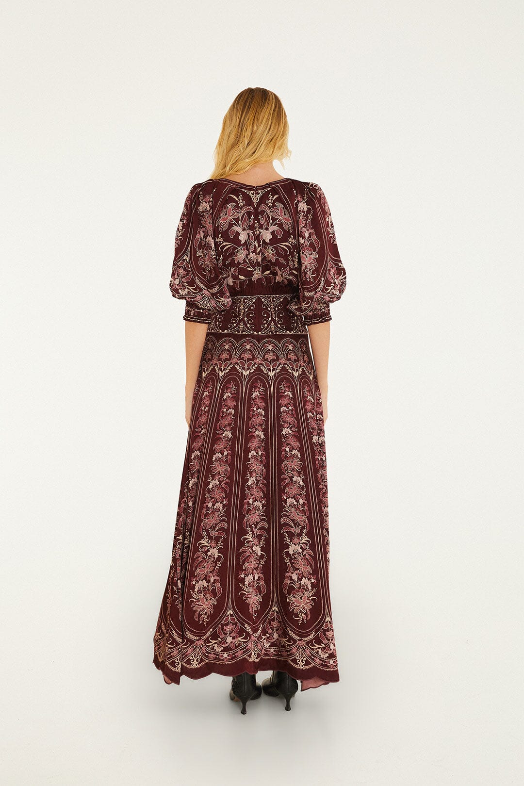 Farm Rio Liz Puff Sleeve Maxi Dress in Burgundy