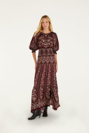 Farm Rio Liz Puff Sleeve Maxi Dress in Burgundy
