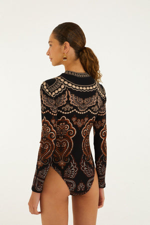 Farm Rio Nicole Long Sleeve Jersey Bodysuit in Black