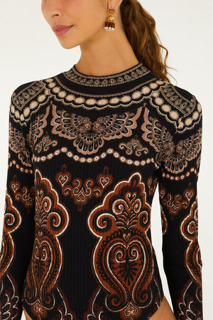 Farm Rio Nicole Long Sleeve Jersey Bodysuit in Black