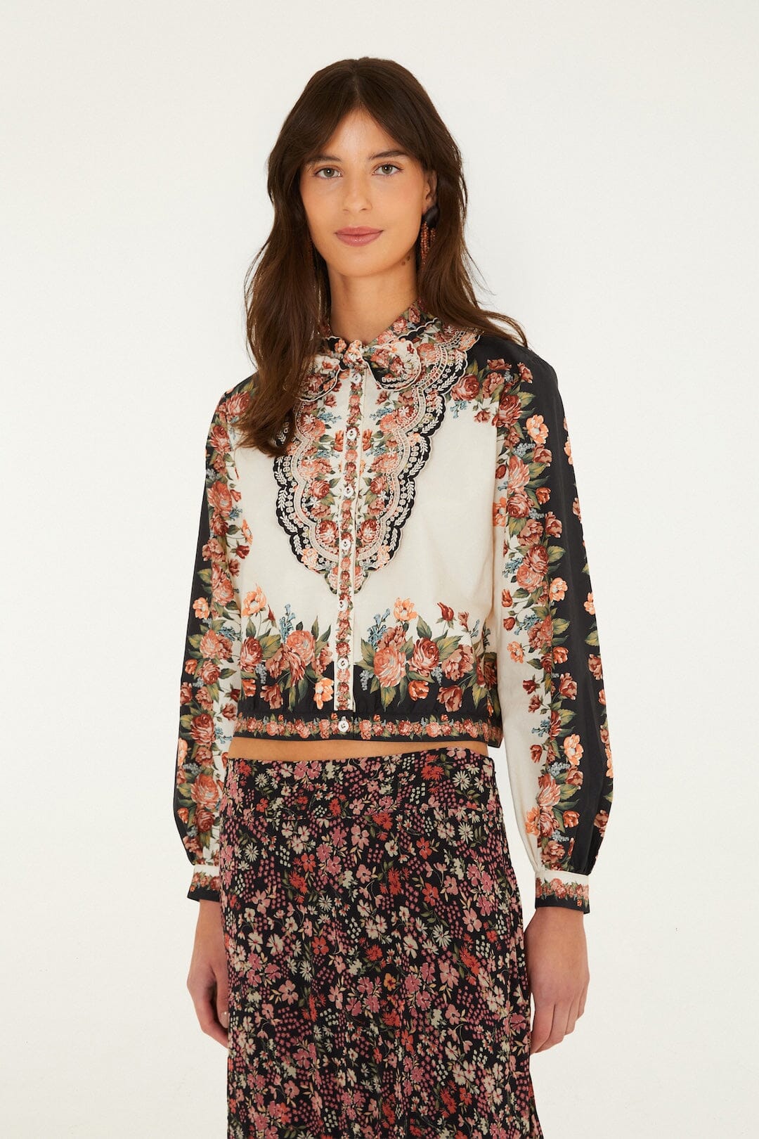 Farm Rio Winter Floral Long Sleeve Shirt in Winter Floral Cream