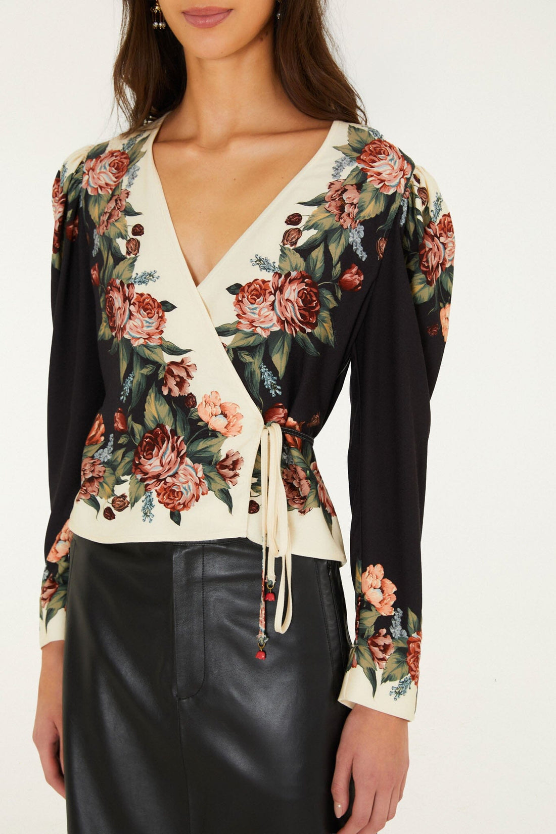 Farm Rio Winter Floral Long Sleeve Wrap Blouse in Winter Floral Cream