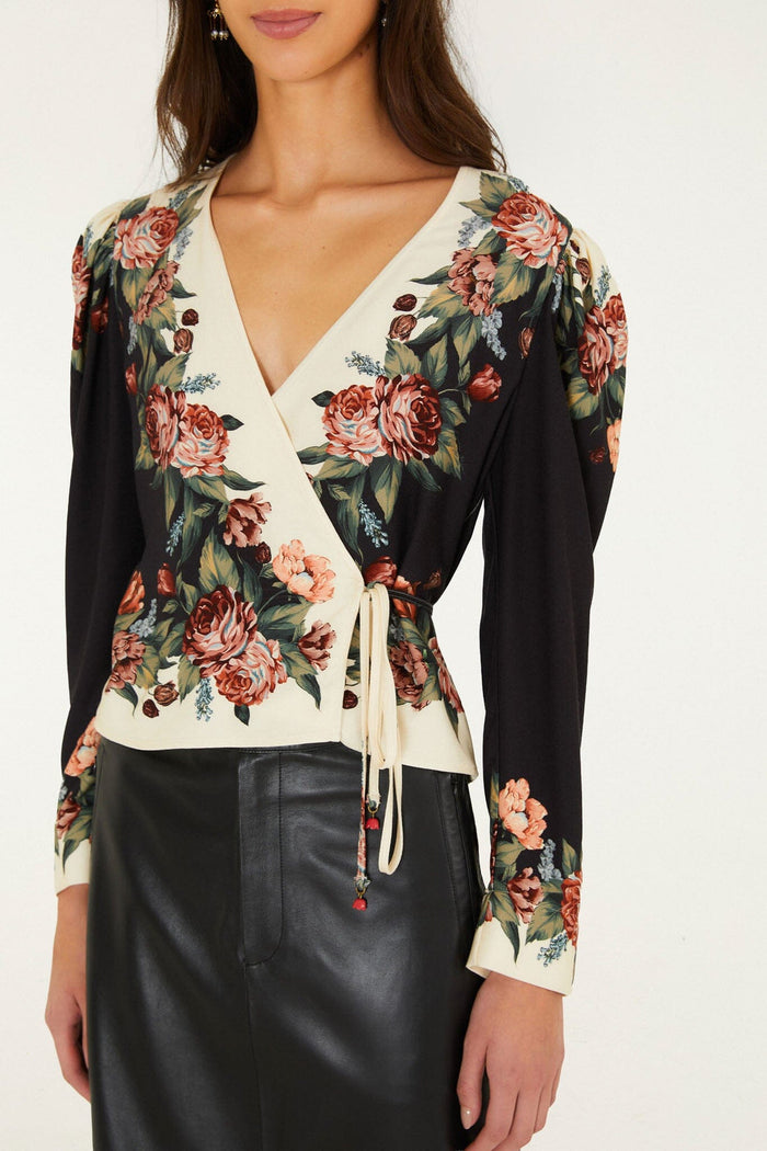 Farm Rio Winter Floral Long Sleeve Wrap Blouse in Winter Floral Cream