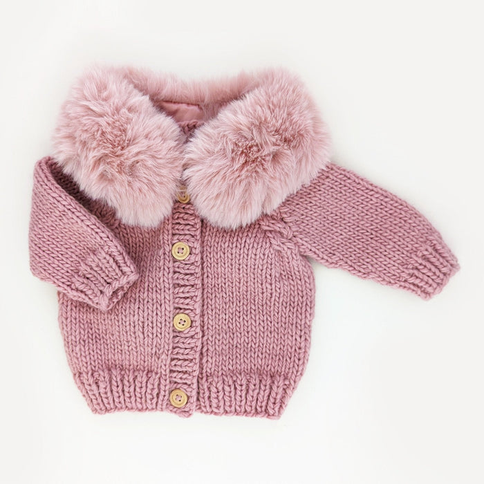 Huggalugs Fur Collar Cardigan in Rosy