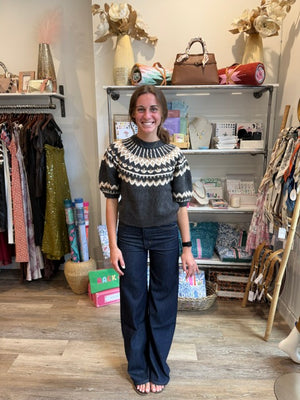 Autumn Cashmere Puff Sleeve Fair Isle Crew in Charcoal/Paper
