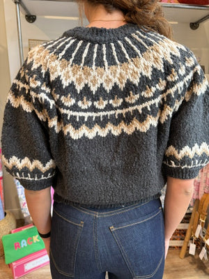 Autumn Cashmere Puff Sleeve Fair Isle Crew in Charcoal/Paper