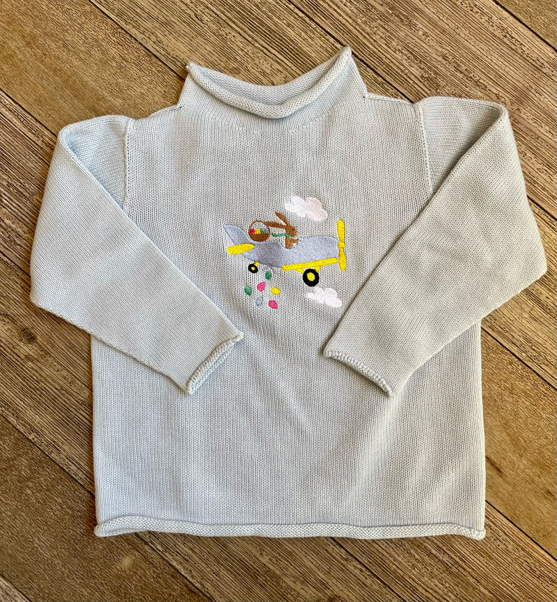 A Soft Idea Roll Neck Sweater in Light Blue with Bunny Airplane