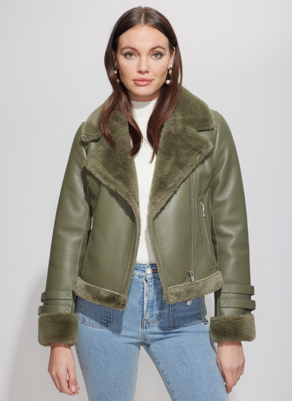 Generation Love Dion Shearling Moto Jacket in Olive