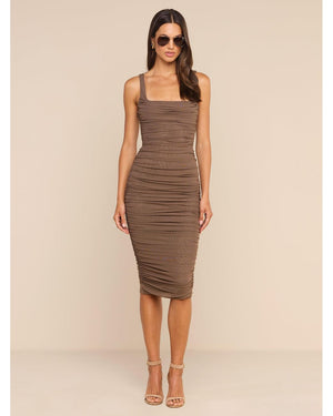 L'agence Anya Shirred Midi Dress in Dark Cardamom