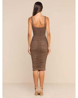 L'agence Anya Shirred Midi Dress in Dark Cardamom