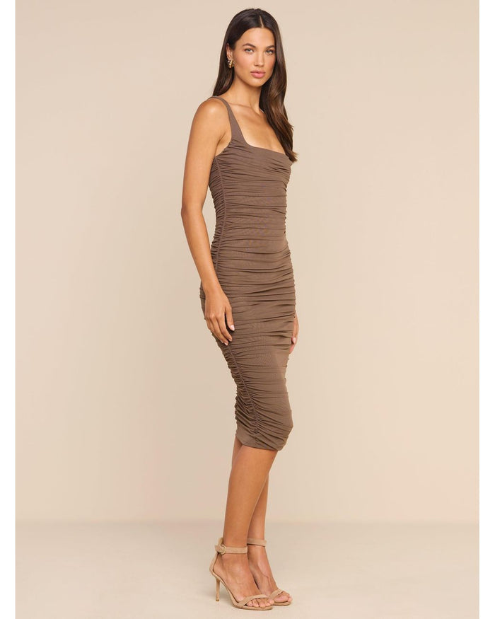 L'agence Anya Shirred Midi Dress in Dark Cardamom