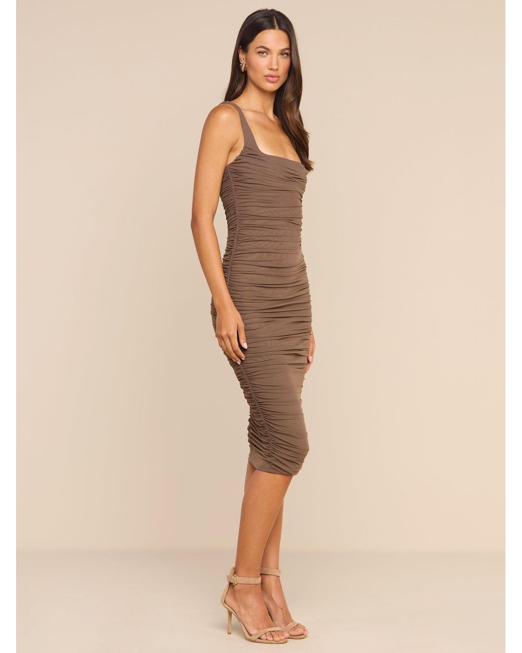 L'AGENCE Anya Shirred Midi Dress in Dark Cardamom M