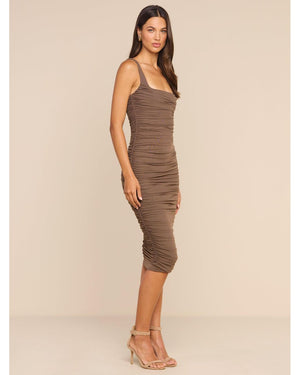L'agence Anya Shirred Midi Dress in Dark Cardamom