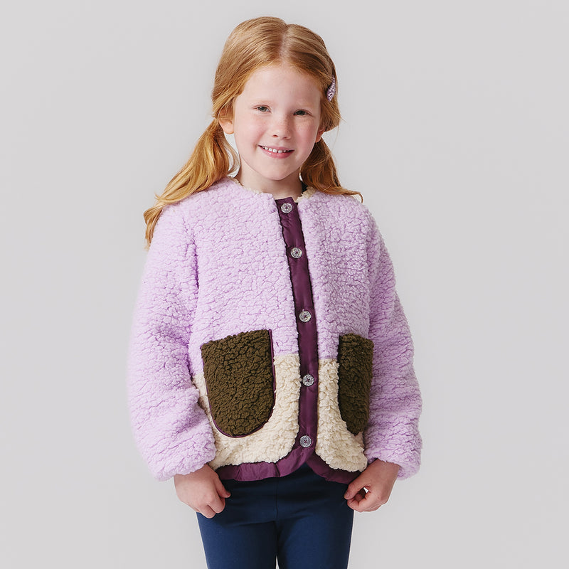 Pink Chicken Ruth Sherpa Jacket in Lavender Color Block