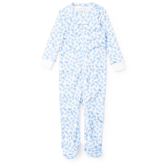 Lila + Hayes Parker Zip Footie in Blue Confetti Hearts