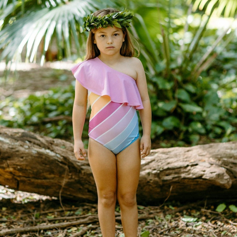 Saint Ida One Shoulder Ruffle Swimsuit in Malibu Rainbow
