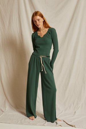 perfectwhitetee Rivers Thermal Wide Leg Pant in Evergreen