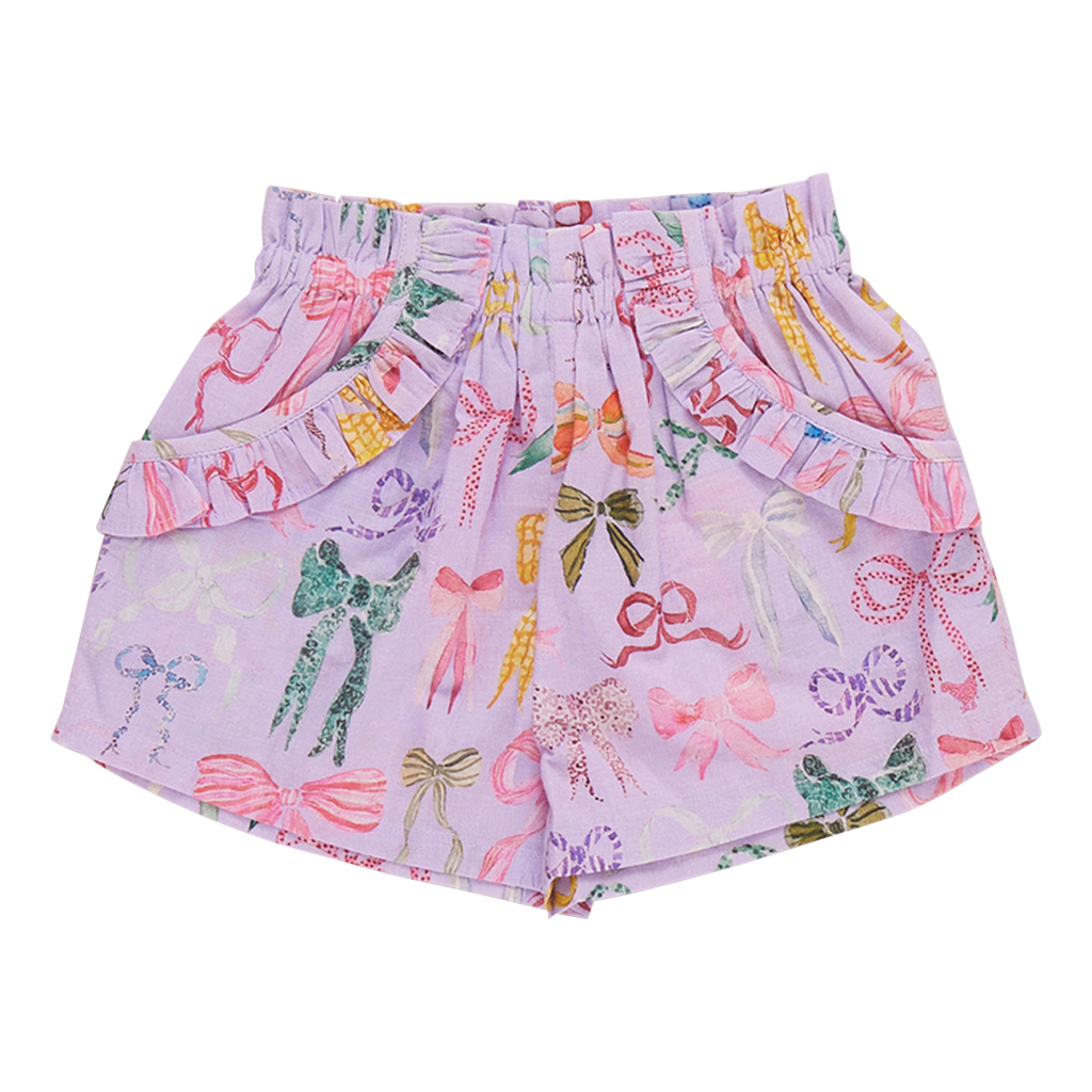 Pink Chicken Ruffle Thoedore Short in Lavender Watercolor Bows