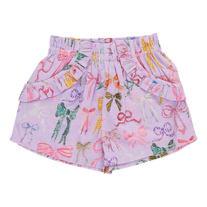 Pink Chicken Ruffle Thoedore Short in Lavender Watercolor Bows
