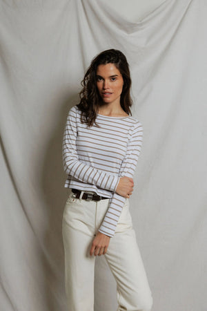 perfectwhitetee Parker Jersey Stripe Drop Shoulder Top in Driftwood/White