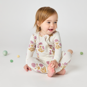 Pink Chicken Bamboo Ruffle Romper in Lavender Dandelion