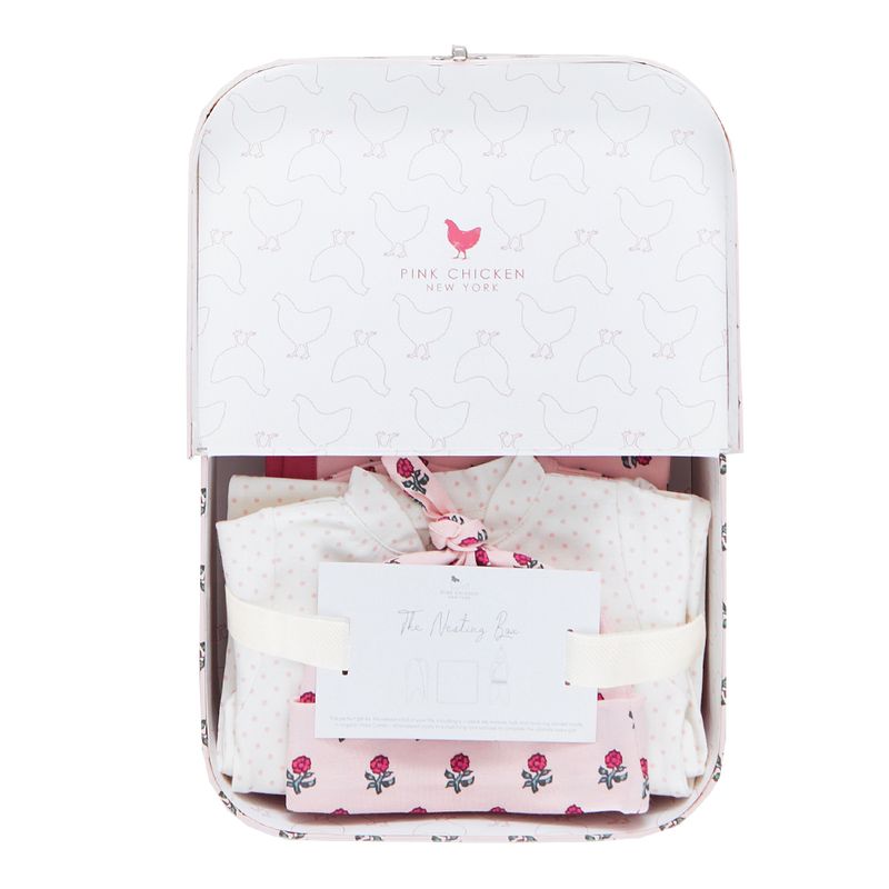 Pink Chicken Nesting Box Baby Take Home Set in Light Pink Tiny Flower Block Print