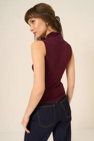 Project Social T Domino Lurex Mock Neck Tank in Merry Merlot