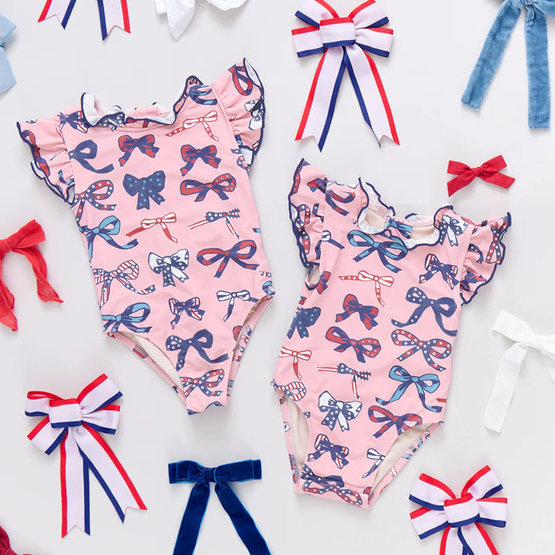 Pink Chicken Baby Jennifer Swimsuit in Pink Patriotic Bows