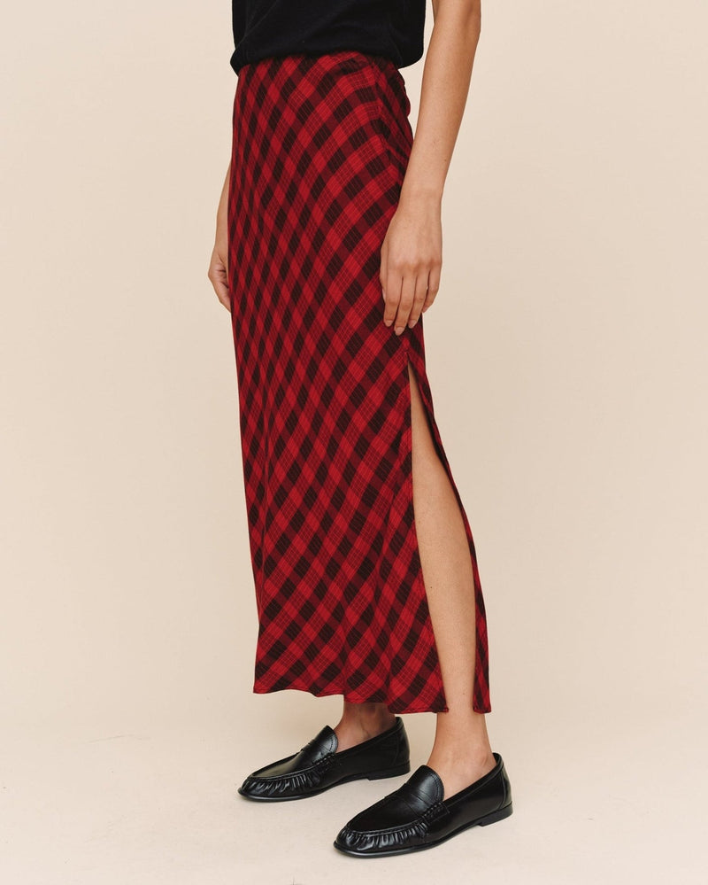 Bella Dahl Side Slit Bias Skirt in Red and Black Check