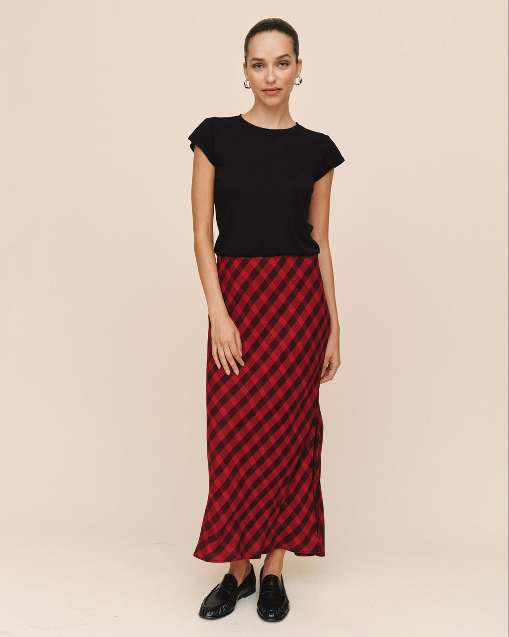 Bella Dahl Side Slit Bias Skirt in Red and Black Check