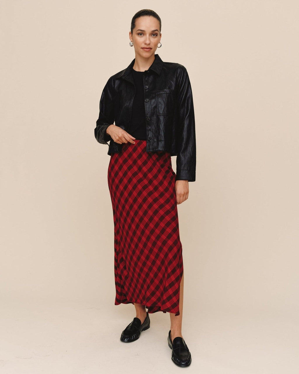 Bella Dahl Side Slit Bias Skirt in Red and Black Check