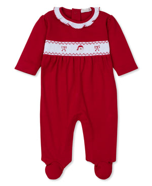 Kissy Kissy Footie with Hand Smocking and Ruffle Collar in Holiday Medley