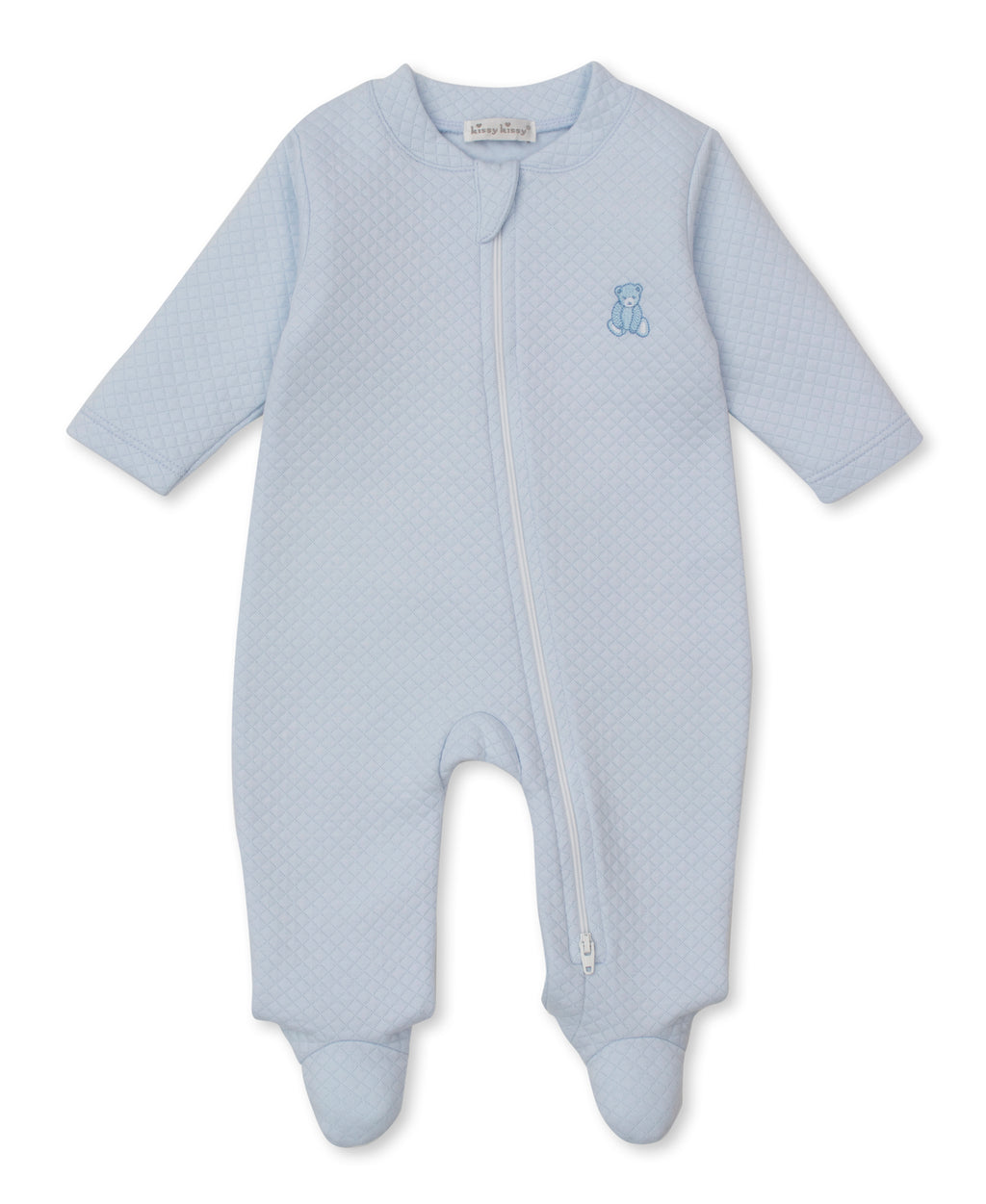 Kissy Kissy Jacquard Zip Footie in Blue Teddy Bear Time
