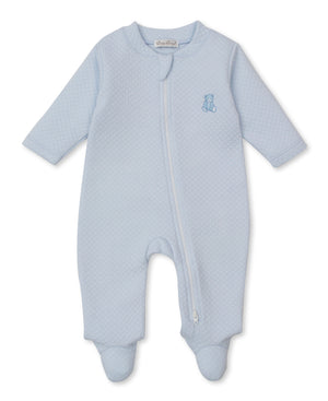 Kissy Kissy Jacquard Zip Footie in Blue Teddy Bear Time