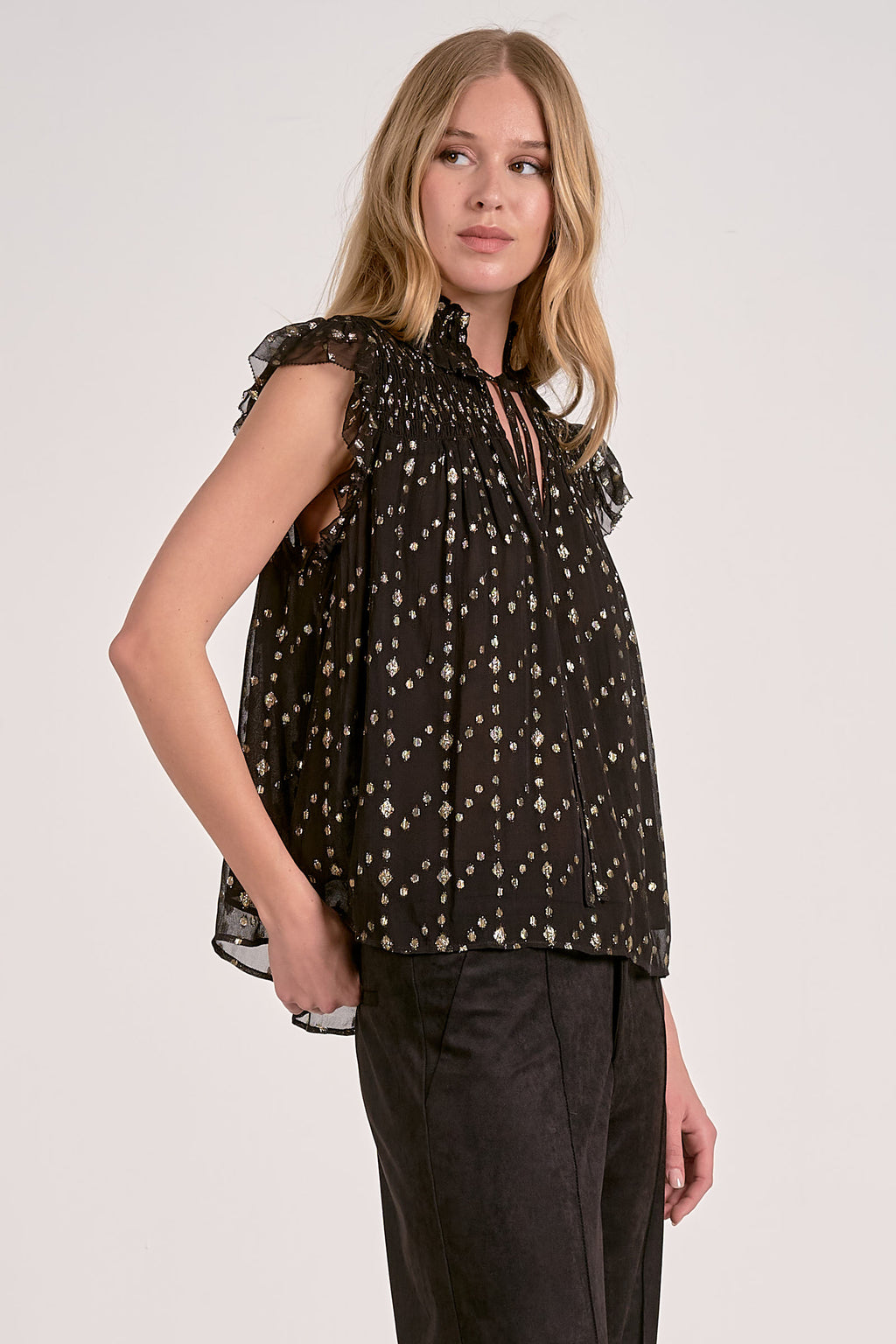Elan Flutter Sleeve Top in Black/Gold