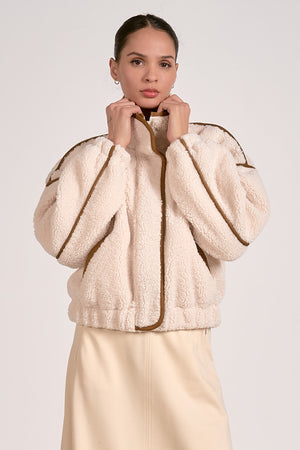 Elan Sherpa Bomber Jacket in Off White/Brown