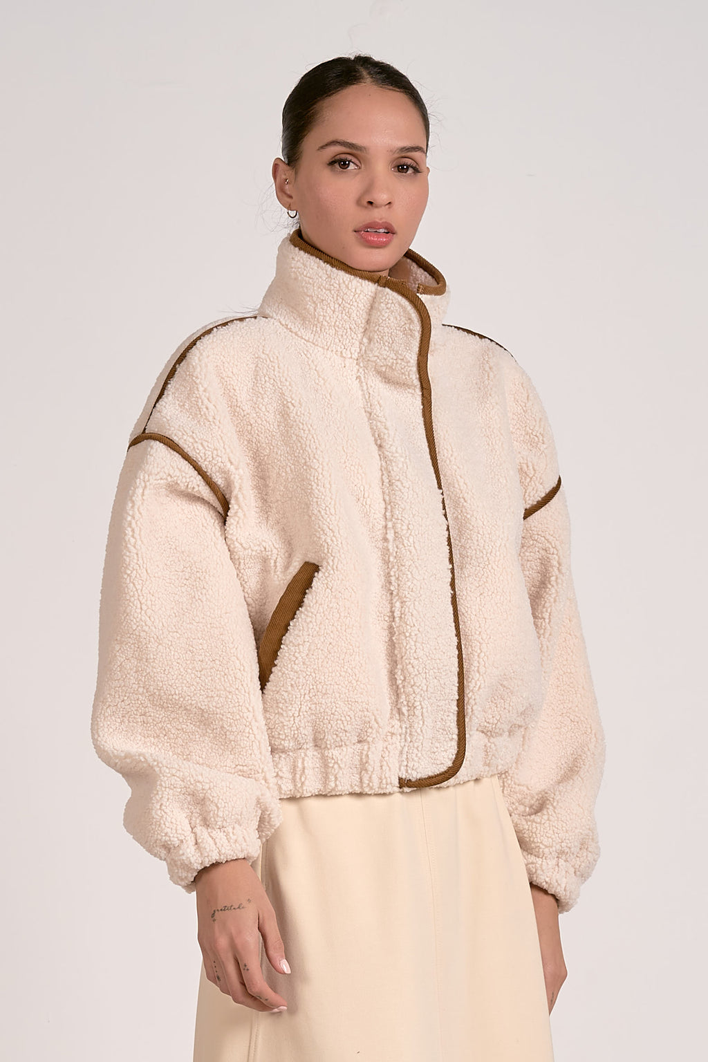 Elan Sherpa Bomber Jacket in Off White/Brown