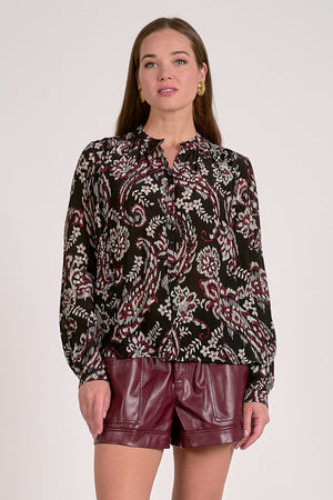 Elan Paisley Flowy Blouse in Black