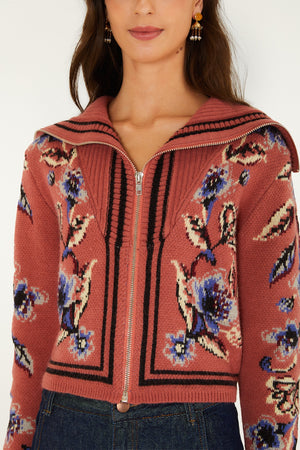 FLORAL BEAUTY TAPESTRY BLUSH PINK KNIT CARDIGAN
