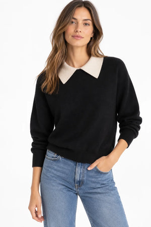 White & Warren Cashmere Contrast Collar Sweater in Black/Natural