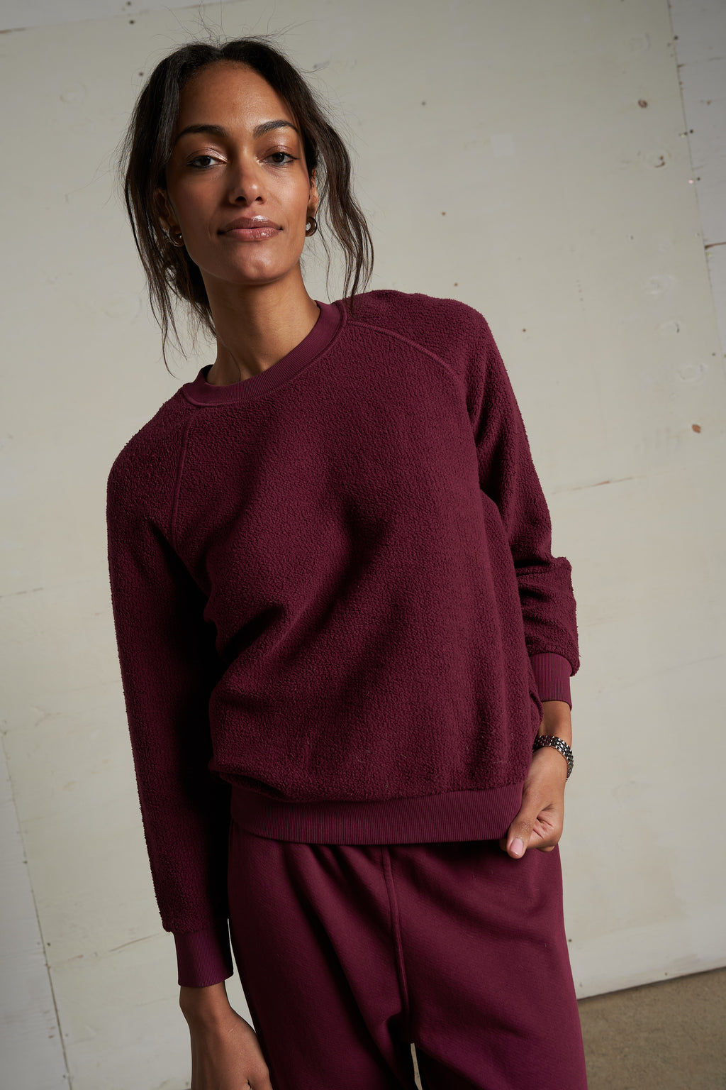 perfectwhitetee Ziggy Inside Out Shrunken Crew in Dark Burgundy