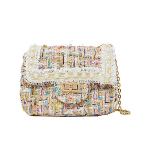 Zomi Gems Classic Tweed Handbag with Pearls in White
