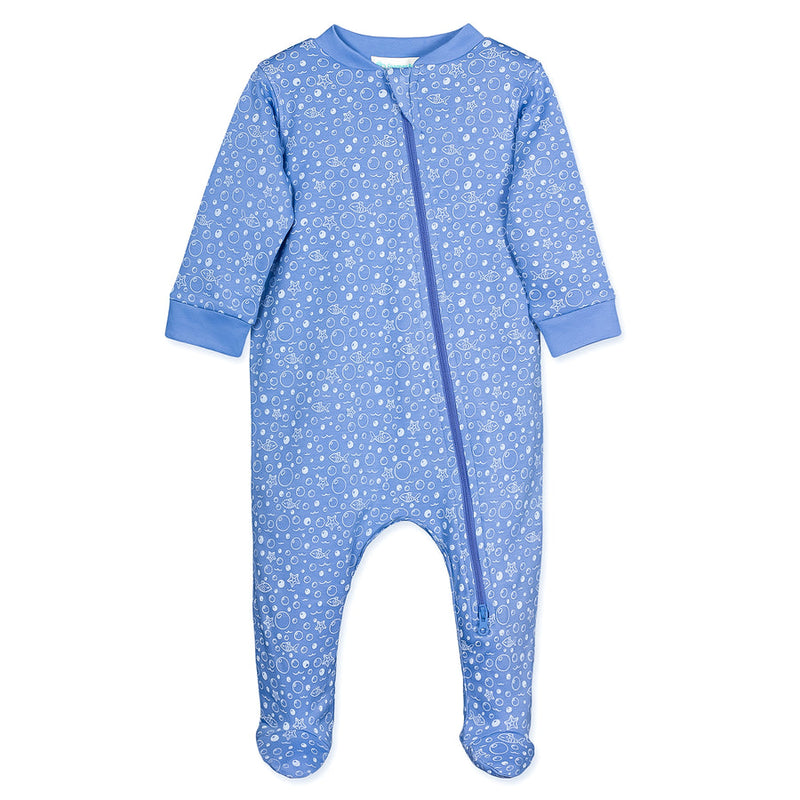 Feather Baby Fish Bubbles Zipper Footie in Blue