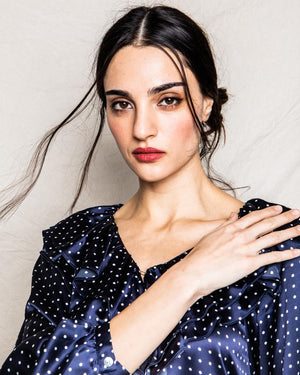 Petite Plume Women's Anastasia Silk Night Dress in Navy Polka Dot