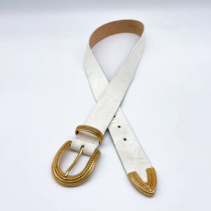 Streets Ahead White Crackle Leather Belt with Gold Buckle