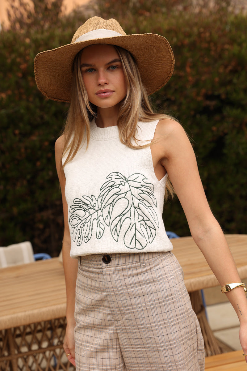 Greylin Monstera Embroidered Knit Top in Ivory
