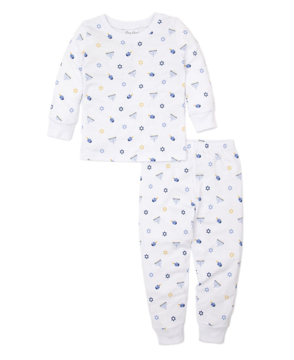 Kissy Kissy Hanukkah Print Toddler Pajama Set in White/Blue